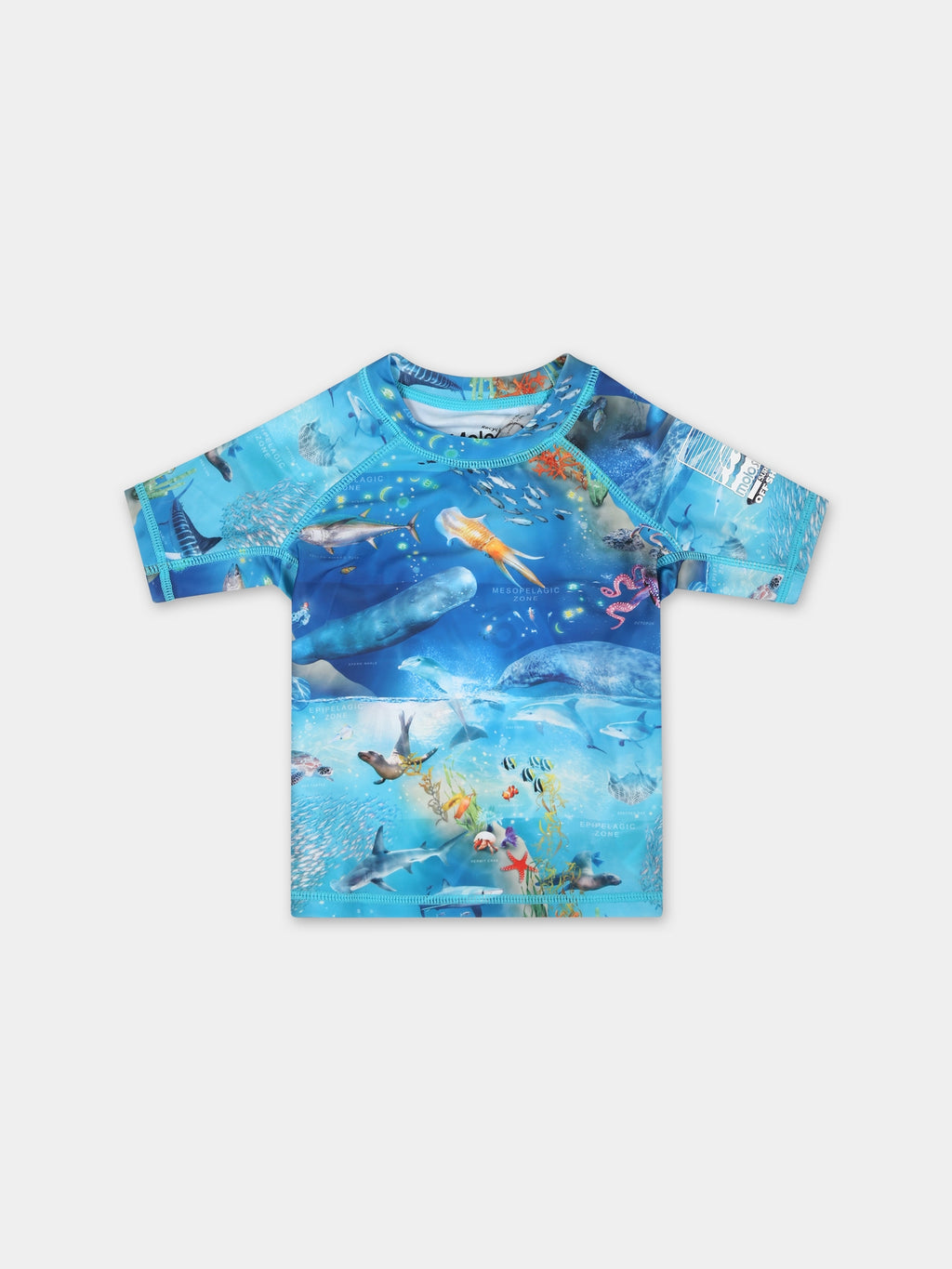 T-shirt anti UV azzurra per neonato con animali marini